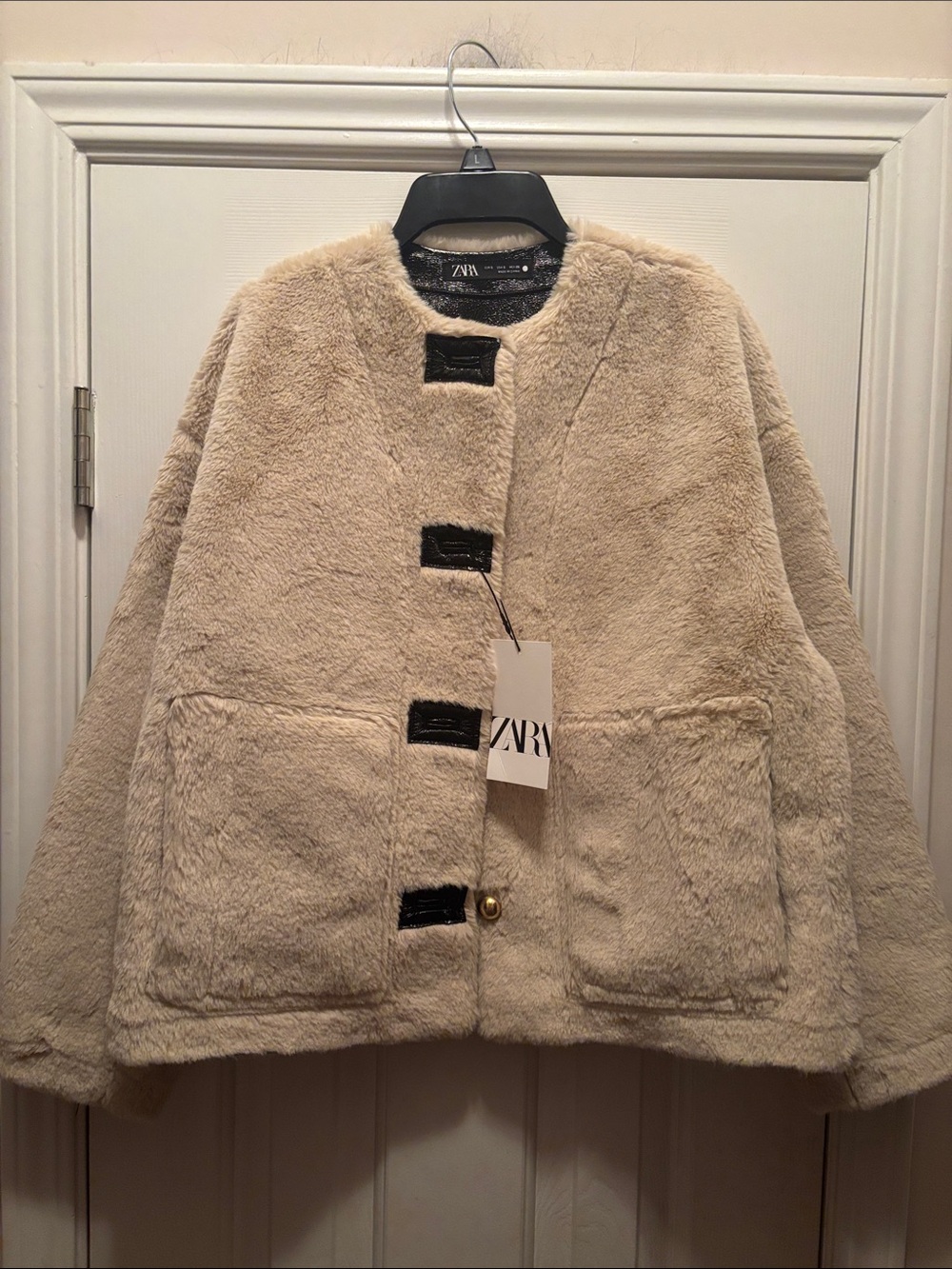 NWT Zara Faux Fur Patent Leather Collarless Jacket